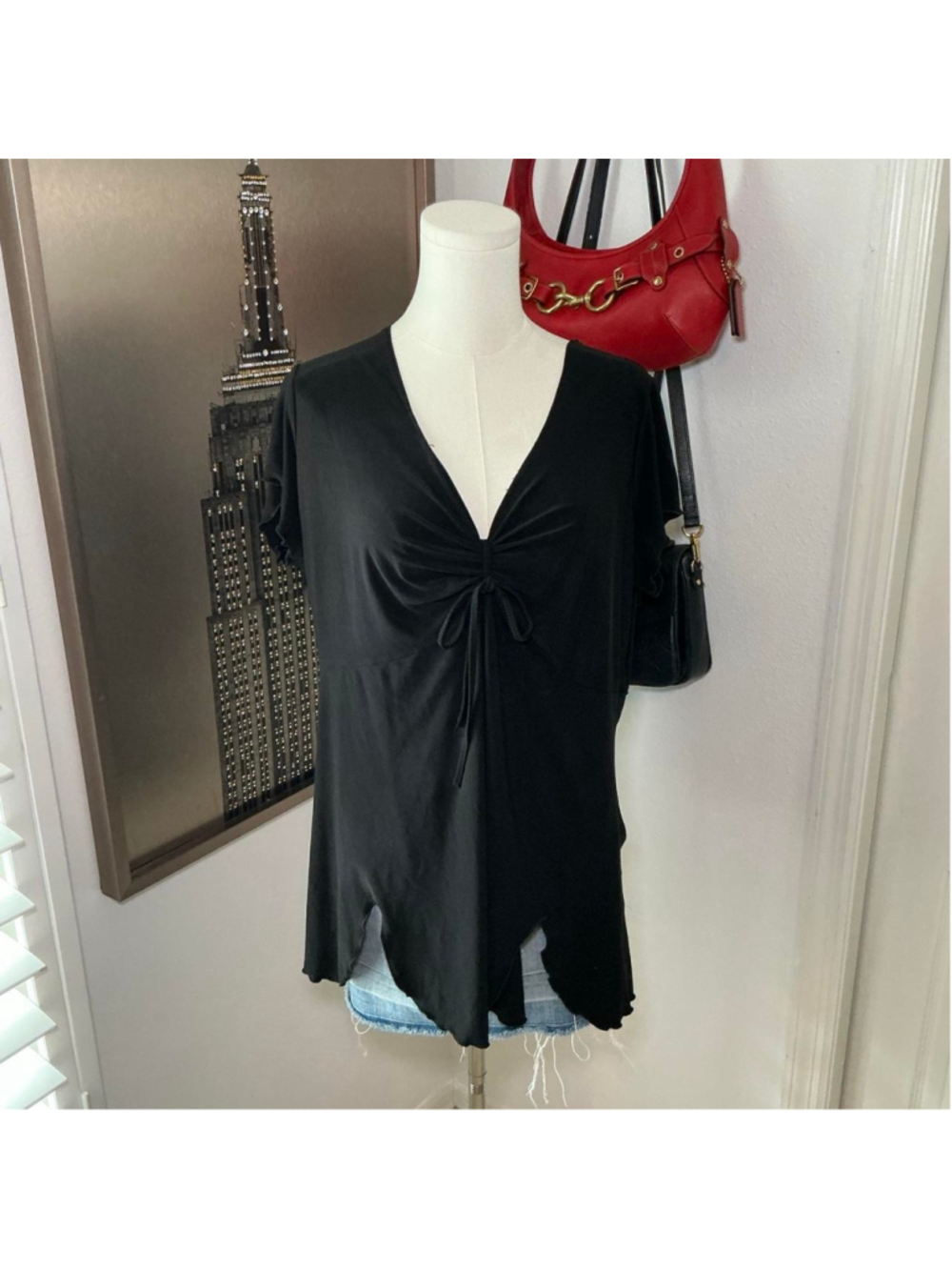 Black Ruched Tie Front Tunic Top Size 1X